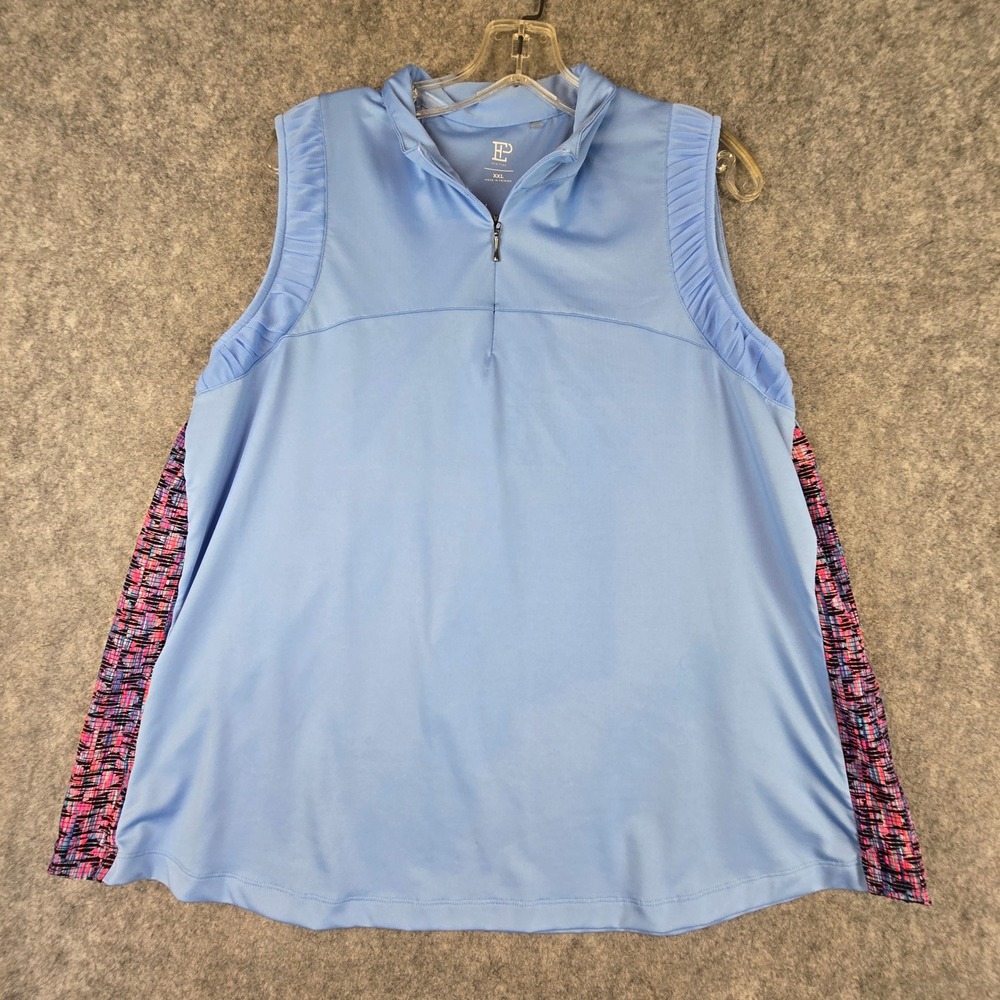 EP New York Top Womens XXL Blue Sleeveless 1/4 Zip Ruffle Side Print Golf‎ Polo